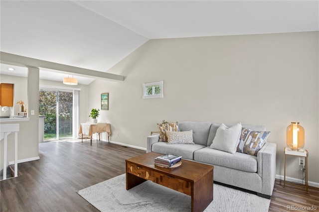 living room with lofted ceiling and dark wood-type flooring