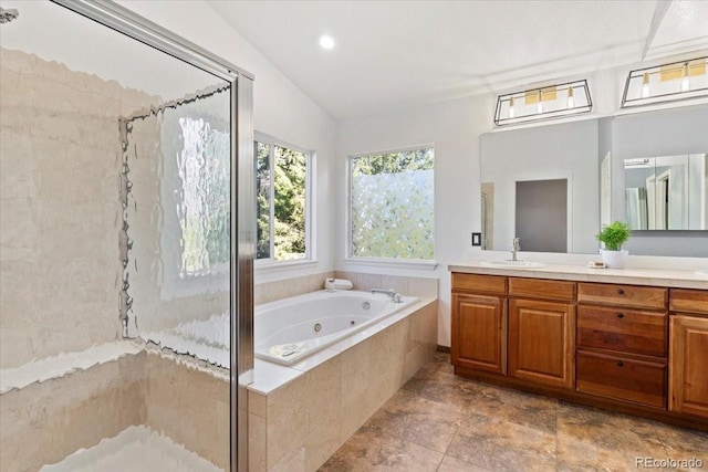 828 Rabbit Run Dr, Golden, CO 80401 - full bath with a stall shower, a whirlpool tub, vanity, and recessed lighting