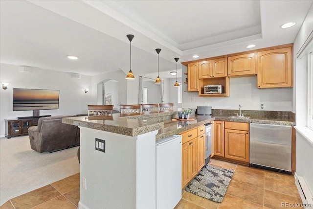 828 Rabbit Run Dr, Golden, CO 80401 - kitchen with dishwasher, recessed lighting, a peninsula, a baseboard heating unit, and decorative light fixtures