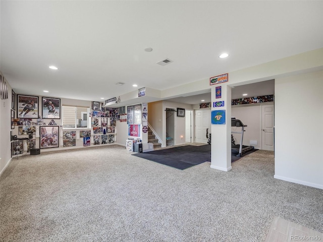 workout area with carpet floors, recessed lighting, and baseboards