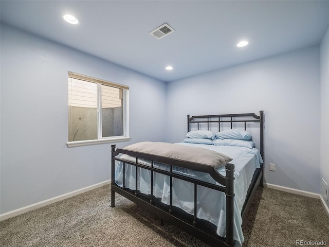 bedroom with carpet floors, recessed lighting, and baseboards