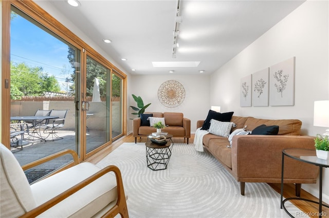 living area featuring rail lighting, a skylight, wood finished floors, recessed lighting, and baseboards