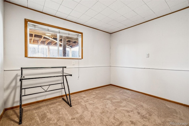 spare room with baseboards, crown molding, and carpet