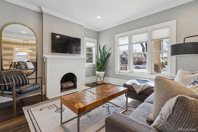 1626 Albion St, Denver, CO 80220 - living room with wood finished floors, a fireplace, recessed lighting, crown molding, and baseboards