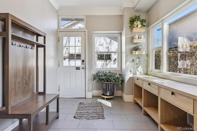 1626 Albion St, Denver, CO 80220 - mudroom featuring crown molding, healthy amount of natural light, light tile patterned flooring, and baseboards