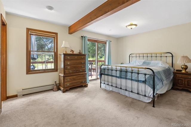 bedroom with a baseboard heating unit, access to outside, beam ceiling, and light colored carpet