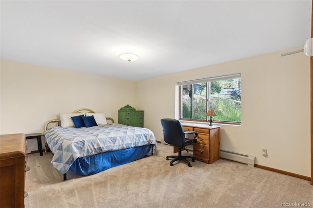 bedroom with baseboards, light colored carpet, and baseboard heating