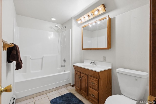 full bathroom with toilet, a baseboard heating unit, vanity, shower / tub combination, and tile patterned floors