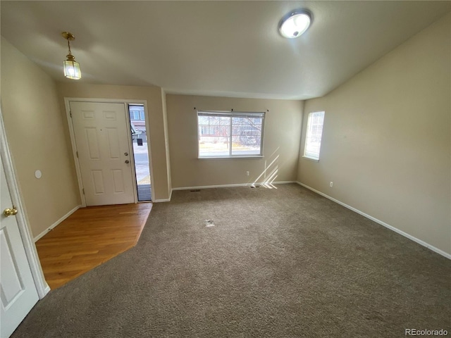 carpeted foyer entrance featuring baseboards