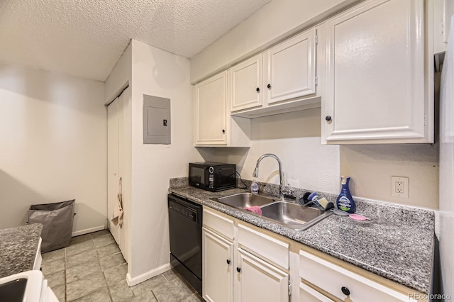 4653 S Lowell Blvd Unit E, Denver, CO 80236 - kitchen featuring black appliances, electric panel, a sink, dark countertops, and white cabinetry