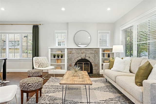 474 S Vine St, Denver, CO 80209 - living room featuring recessed lighting, wood finished floors, and a fireplace