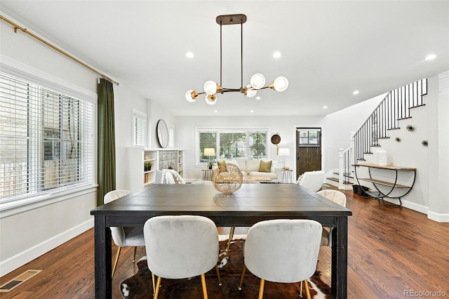 474 S Vine St, Denver, CO 80209 - dining room with a chandelier, wood finished floors, stairs, and recessed lighting