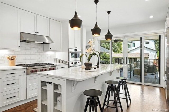474 S Vine St, Denver, CO 80209 - kitchen with under cabinet range hood, stainless steel gas cooktop, backsplash, dark wood-style flooring, and light stone countertops