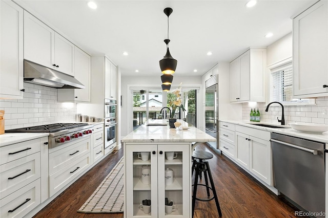 474 S Vine St, Denver, CO 80209 - kitchen featuring stainless steel appliances, under cabinet range hood, white cabinetry, decorative backsplash, and dark wood-style floors