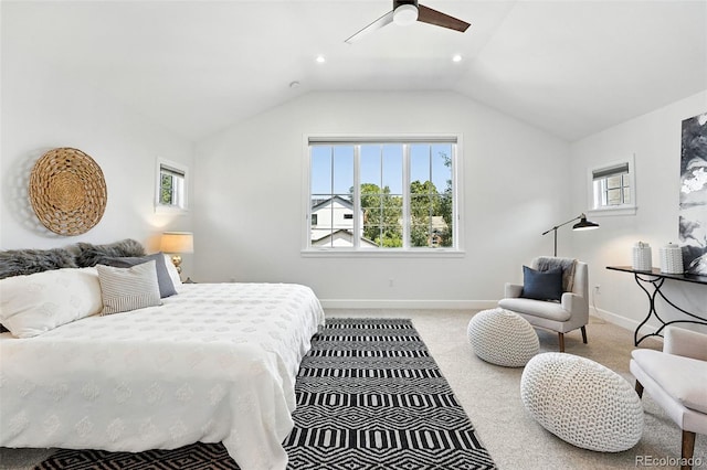 474 S Vine St, Denver, CO 80209 - carpeted bedroom featuring multiple windows, vaulted ceiling, a ceiling fan, and recessed lighting