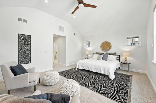 474 S Vine St, Denver, CO 80209 - bedroom with light carpet, recessed lighting, a ceiling fan, and high vaulted ceiling