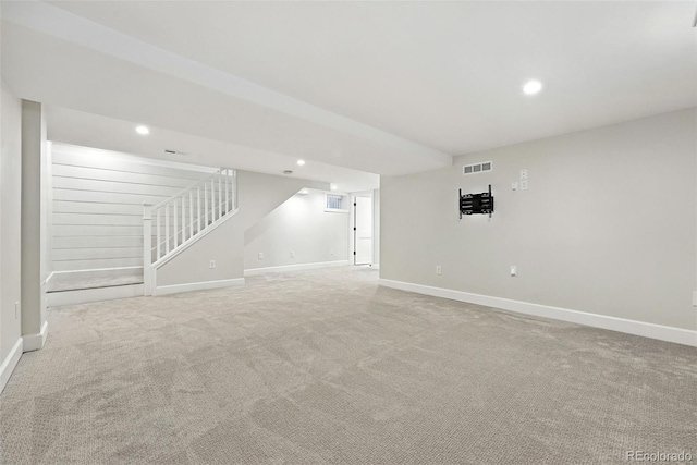 474 S Vine St, Denver, CO 80209 - finished below grade area with stairs, light carpet, and recessed lighting