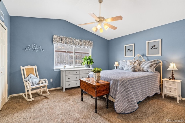 bedroom featuring lofted ceiling, carpet floors, and ceiling fan