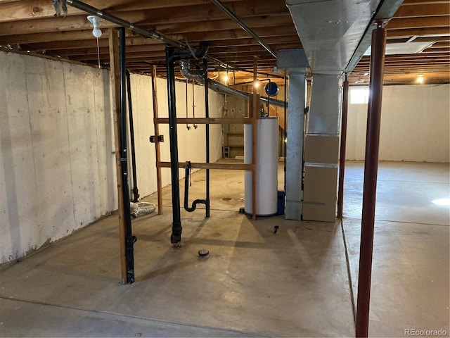 unfinished below grade area with gas water heater and heating unit