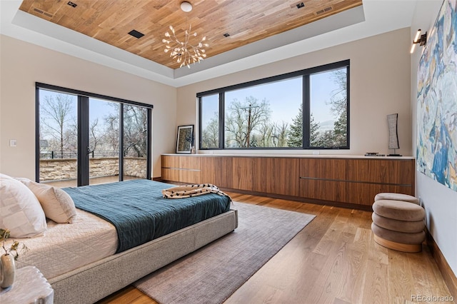 bedroom featuring a tray ceiling, wooden ceiling, and light hardwood / wood-style floors