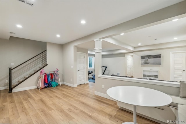 9244 E 37th Ave, Denver, CO 80238 - kitchen with light wood-style floors, ornate columns, recessed lighting, and open floor plan