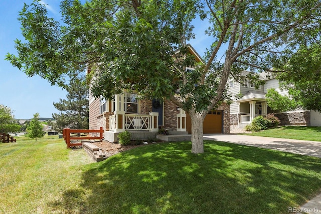 3912 Miners Candle Pl, Castle Rock, CO 80109 - view of property hidden behind natural elements featuring concrete driveway, stone siding, a front lawn, and a porch