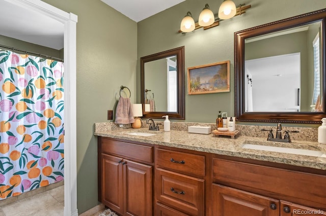 3912 Miners Candle Pl, Castle Rock, CO 80109 - full bathroom with double vanity, tile patterned flooring, and curtained shower