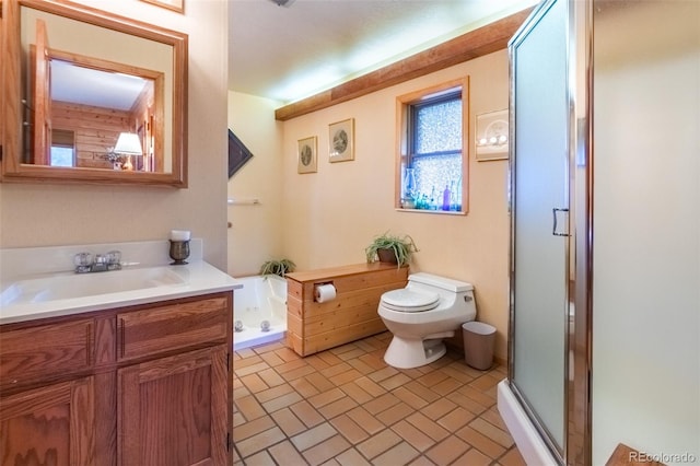 1295 Gcr 49, Grand Lake, CO 80447 - bathroom with toilet, a stall shower, vanity, brick patterned floors, and a bathtub