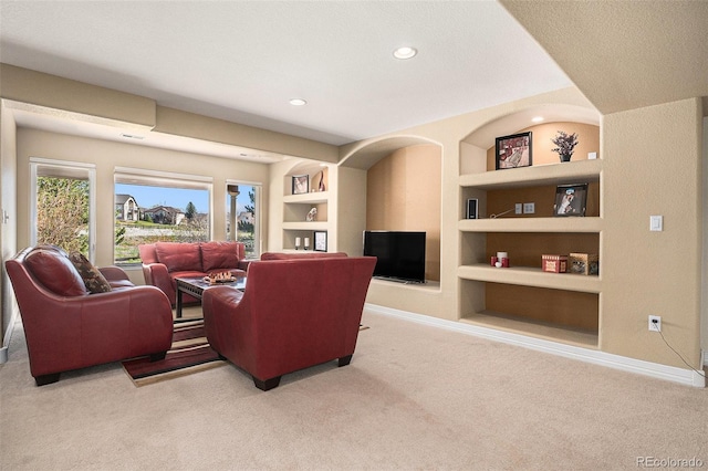 11065 W Rockland Dr, Littleton, CO 80127 - living area featuring built in shelves, carpet floors, recessed lighting, and baseboards