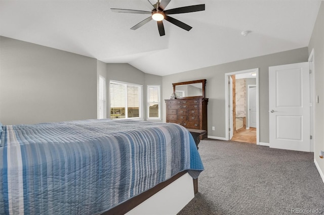 carpeted bedroom with baseboards, ceiling fan, and lofted ceiling