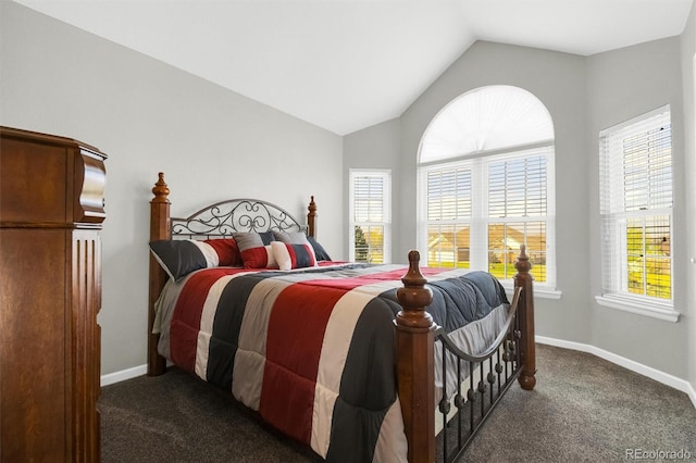 bedroom featuring baseboards, carpet, and vaulted ceiling