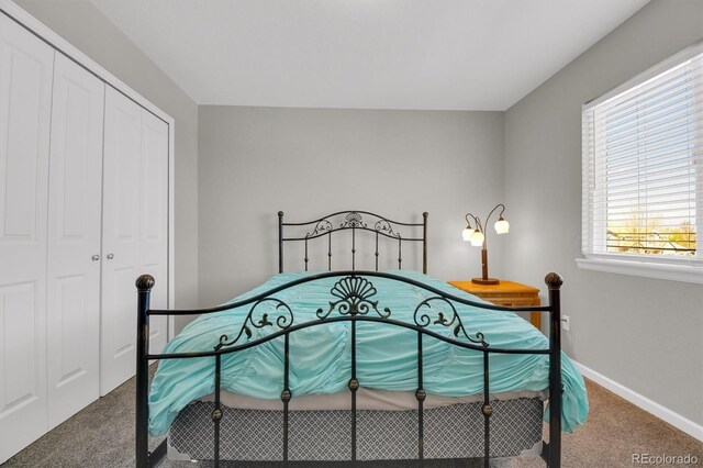 carpeted bedroom featuring baseboards and a closet