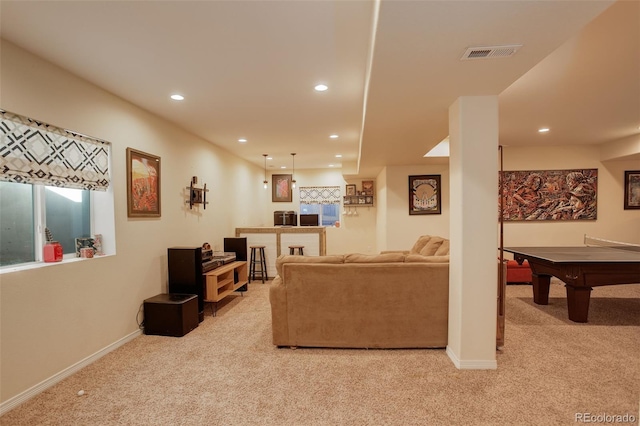 carpeted living room featuring billiards