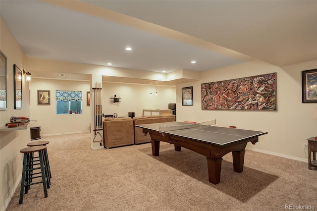 playroom featuring light colored carpet