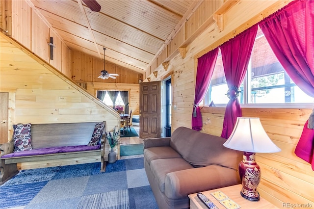 62 Rubel Cir, Westcliffe, CO 81252 - living area with wood walls, lofted ceiling, ceiling fan, and wooden ceiling