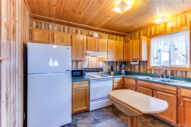 62 Rubel Cir, Westcliffe, CO 81252 - kitchen featuring white appliances, under cabinet range hood, a sink, wood walls, and wooden ceiling