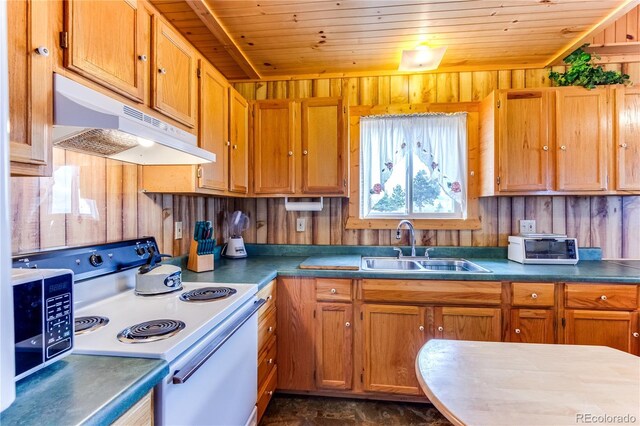 62 Rubel Cir, Westcliffe, CO 81252 - kitchen featuring white electric range oven, under cabinet range hood, a sink, brown cabinetry, and wood ceiling