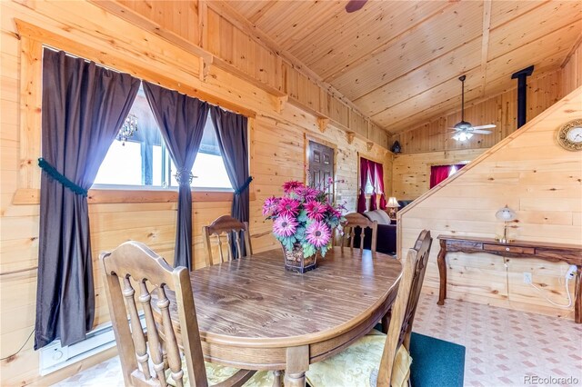 62 Rubel Cir, Westcliffe, CO 81252 - dining space featuring vaulted ceiling, wooden walls, a ceiling fan, and wooden ceiling
