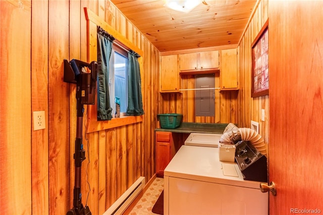 62 Rubel Cir, Westcliffe, CO 81252 - washroom featuring washer and dryer, electric panel, wood walls, wood ceiling, and baseboard heating