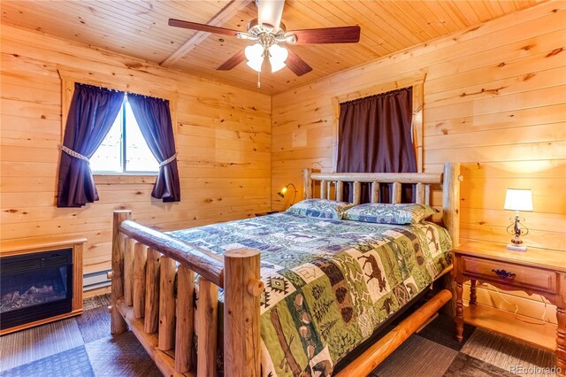 62 Rubel Cir, Westcliffe, CO 81252 - bedroom featuring wood ceiling, wooden walls, wood finished floors, a ceiling fan, and a baseboard radiator