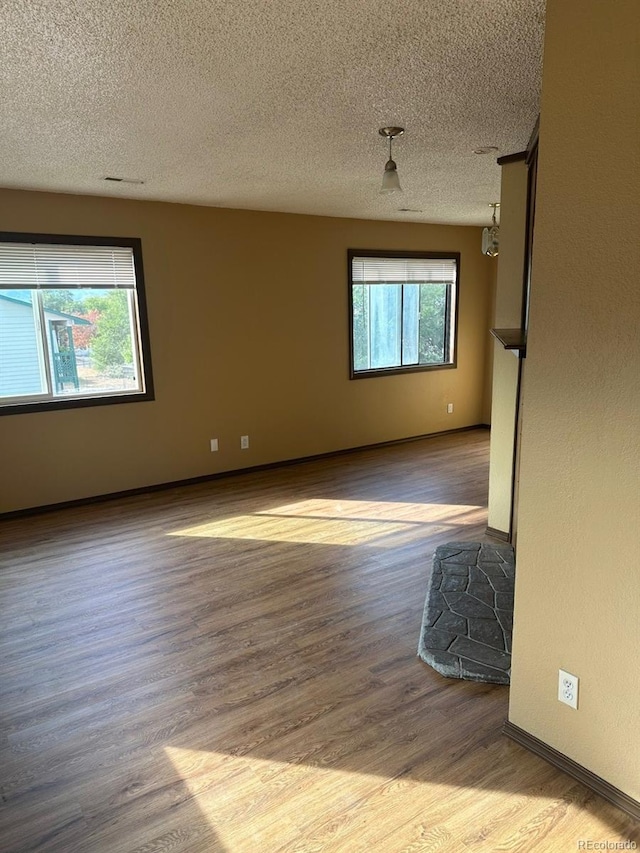 spare room featuring a healthy amount of sunlight, wood-type flooring, and a textured ceiling