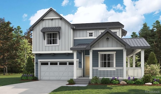 8155 Butte Creek St, Littleton, CO 80125 - view of front of house featuring board and batten siding, driveway, covered porch, a garage, and a standing seam roof