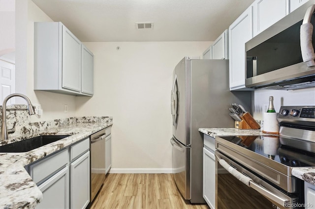 kitchen with light stone countertops, appliances with stainless steel finishes, sink, and white cabinetry