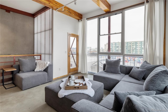 living area with a view of city and beam ceiling