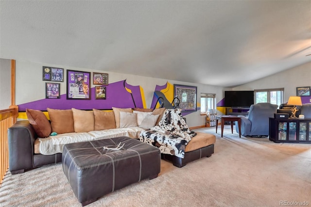 living room with light colored carpet and lofted ceiling