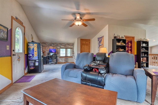 living room with light colored carpet, vaulted ceiling, ceiling fan, and a healthy amount of sunlight