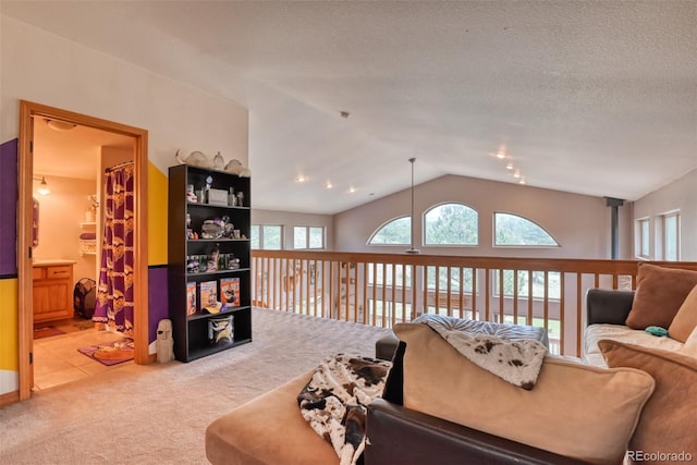 carpeted living room with a textured ceiling and vaulted ceiling