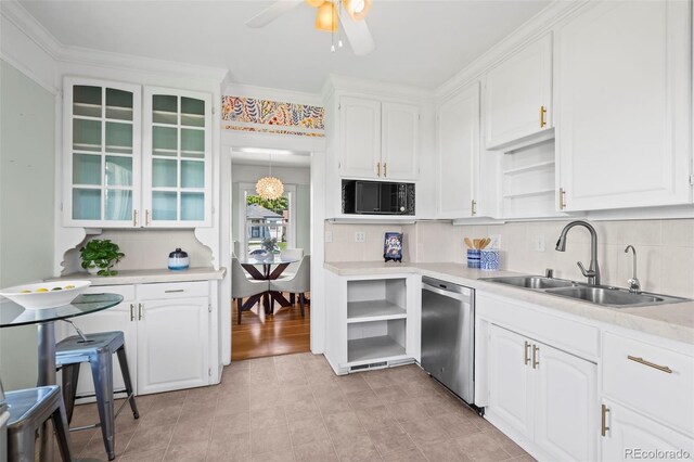 5008 Sherman St, Denver, CO 80216 - kitchen featuring open shelves, stainless steel dishwasher, white cabinets, black microwave, and light countertops