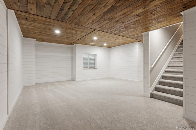 2248 Rosette Ln, Castle Rock, CO 80104 - finished below grade area with wooden ceiling, carpet, stairs, recessed lighting, and wooden walls