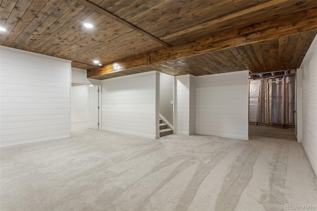 2248 Rosette Ln, Castle Rock, CO 80104 - finished below grade area featuring wood walls, stairs, wooden ceiling, carpet flooring, and recessed lighting